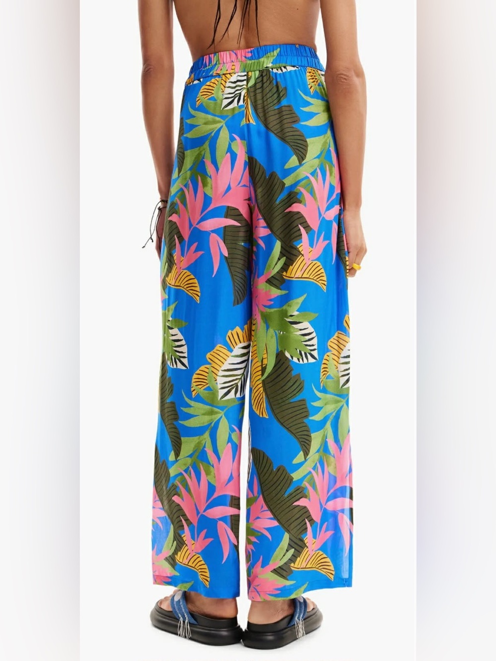 Desigual Blue Tropical Wide-Leg Pants with Pink & Green Leaves XS